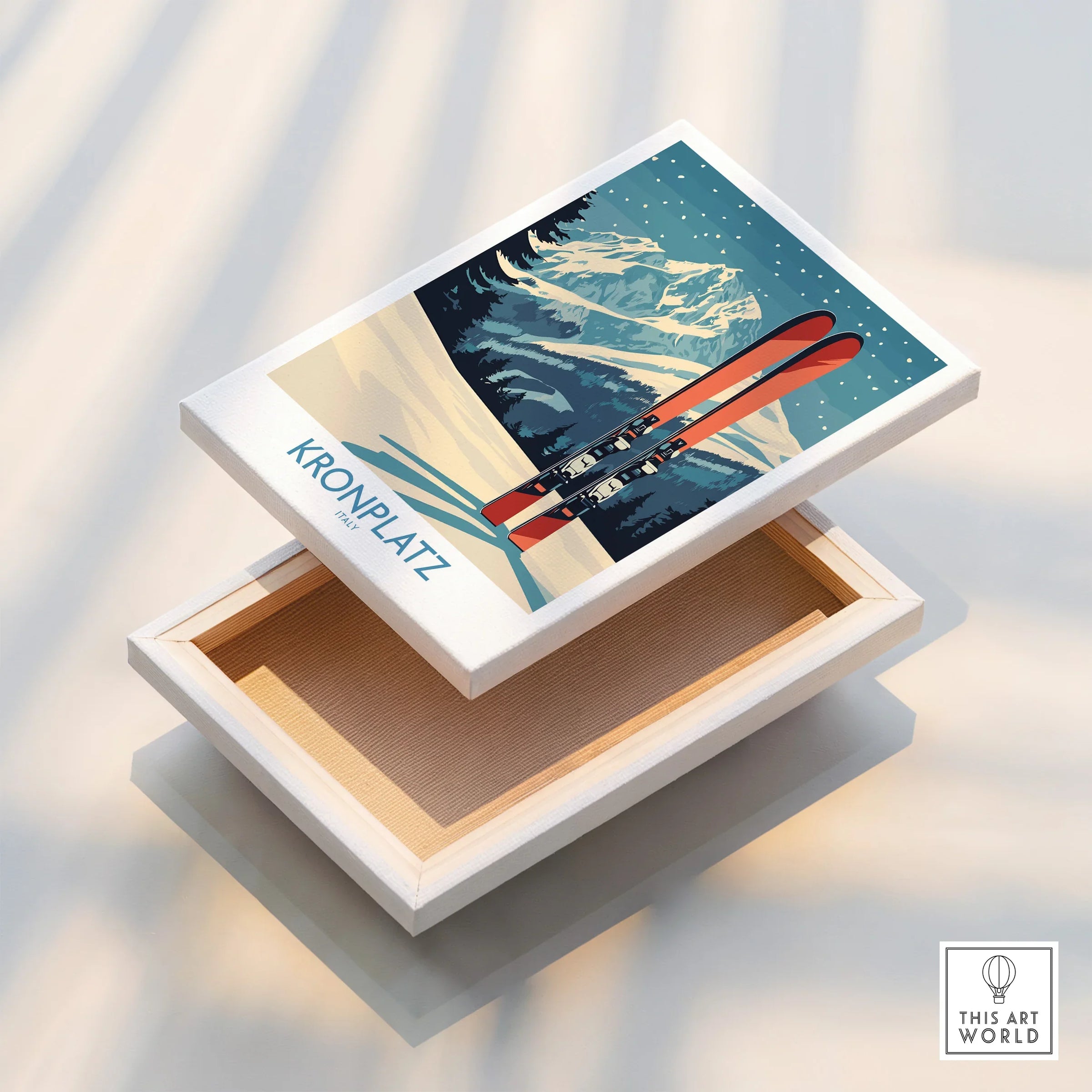 Kronplatz ski mountain stretched canvas print with red skis and snowy landscape.