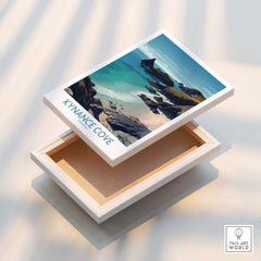 Kynance Cove Cornwall Poster | Scenic Sea Cliffs & Beach Canvas Print displayed on a box with ocean view.