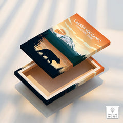 Lassen Volcanic National Park art print canvas with bear silhouette and mountain landscape.