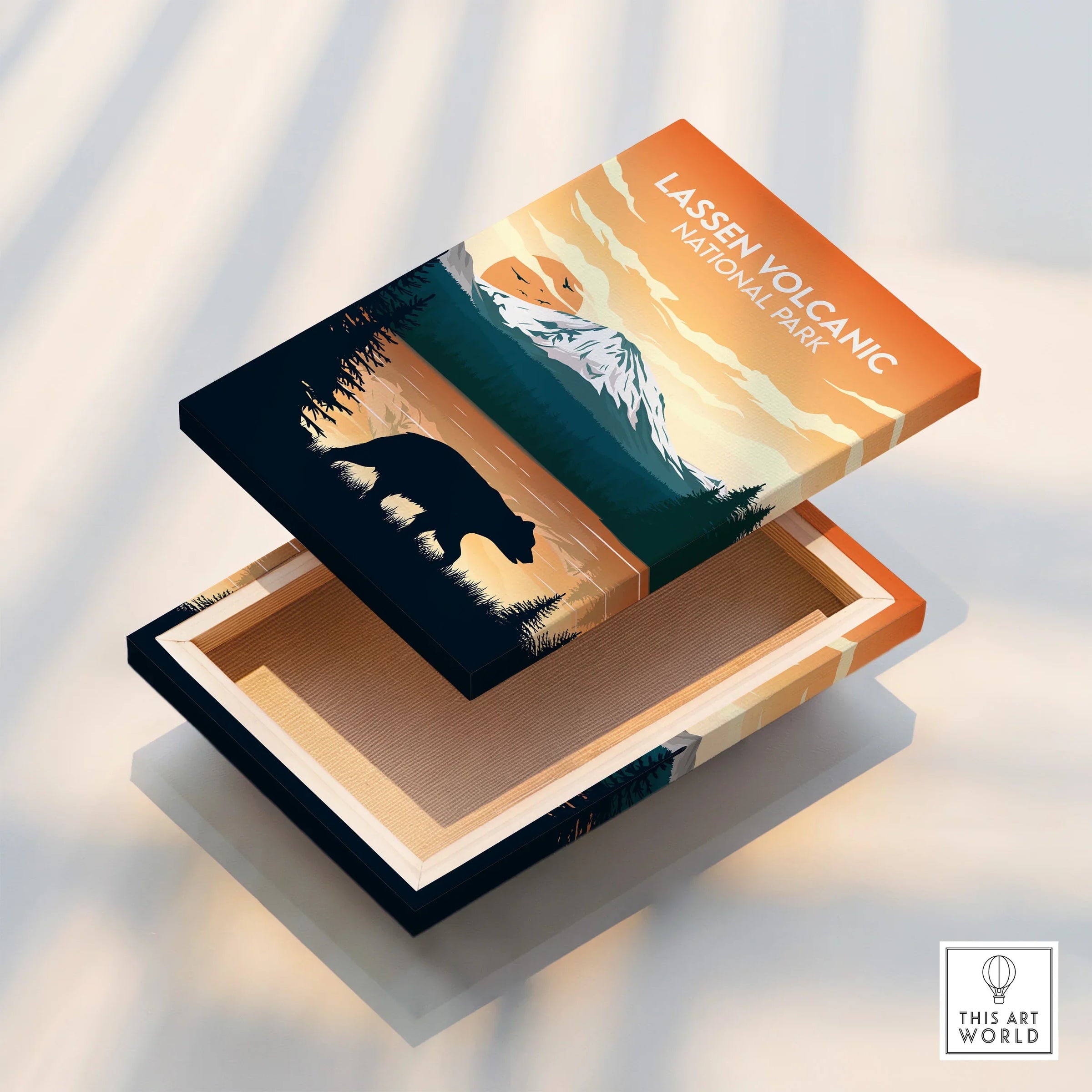 Lassen Volcanic National Park art print canvas with bear silhouette and mountain landscape.
