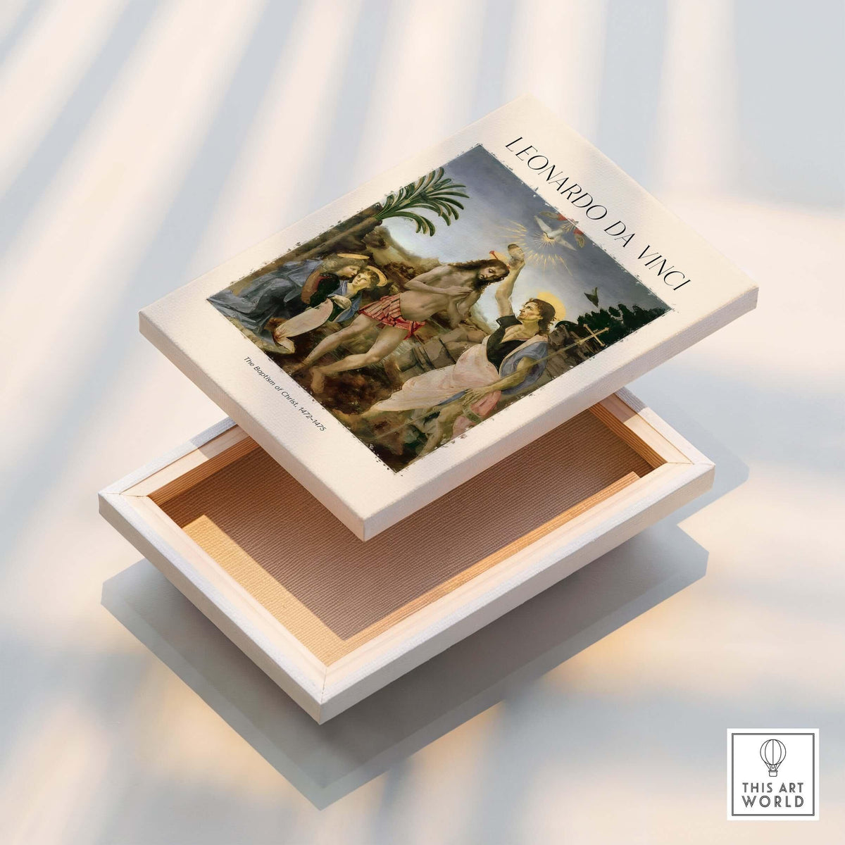 Leonardo da Vinci Art Print The Baptism of Christ 1470s displayed on a decorative box lid.