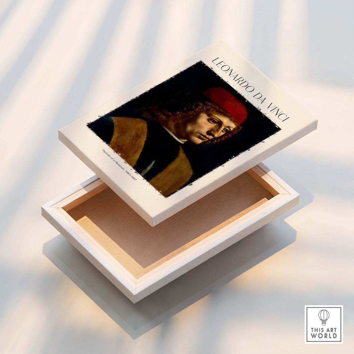 Leonardo da Vinci Art Print -  Portrait of a Musician 1480s Early Male Portrait Art Print displayed on a box.