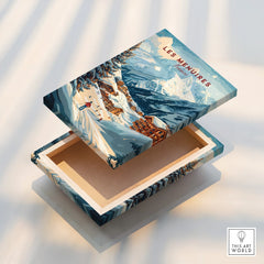 Stretched canvas print box with Les Menuires ski resort winter mountain landscape artwork.