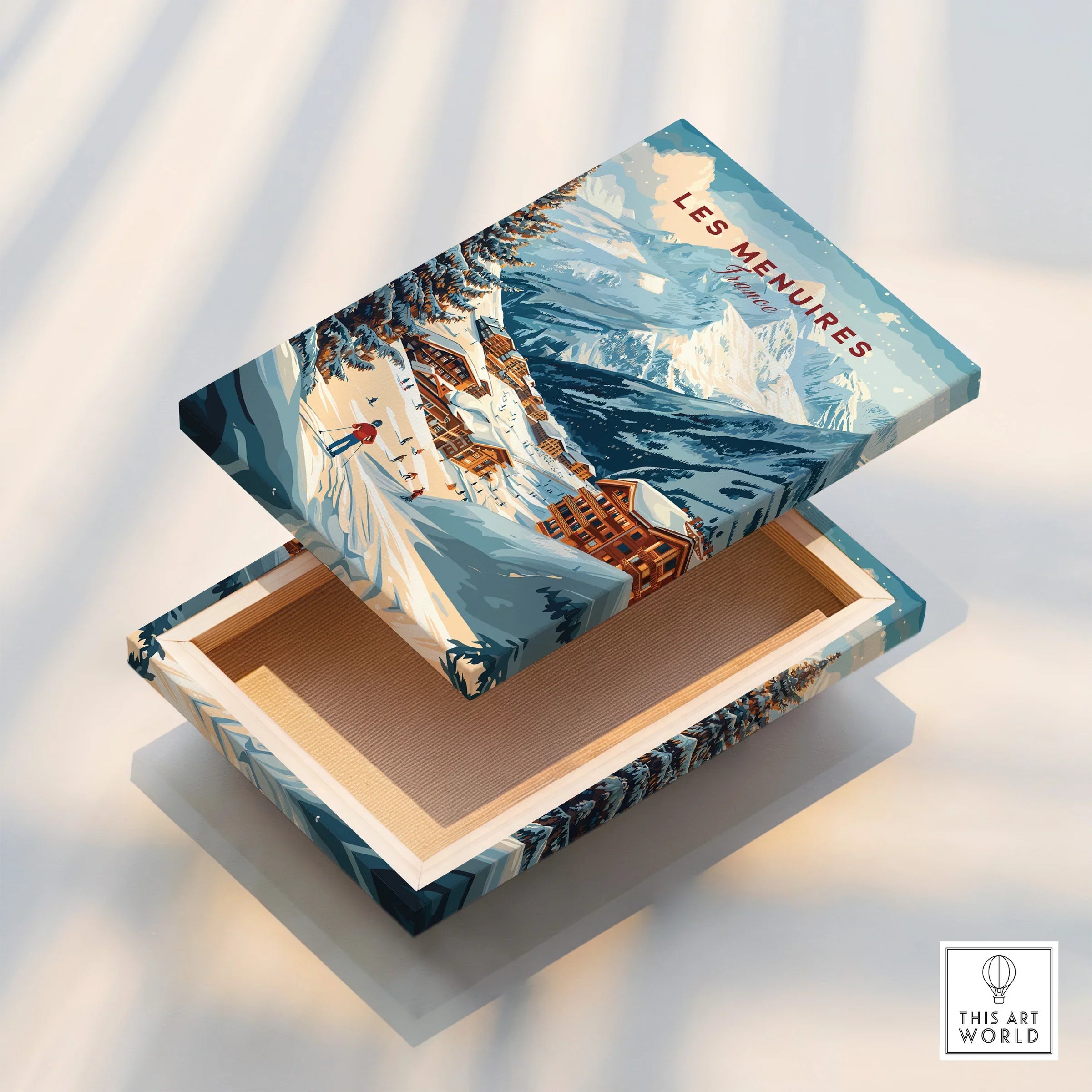 Stretched canvas print box with Les Menuires ski resort winter mountain landscape artwork.