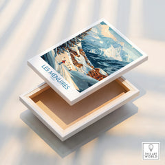 Les Menuires travel poster stretched canvas print with snowy mountain resort scene