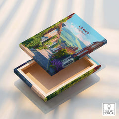 Lewes England travel poster art on open wooden box, scenic town and countryside design