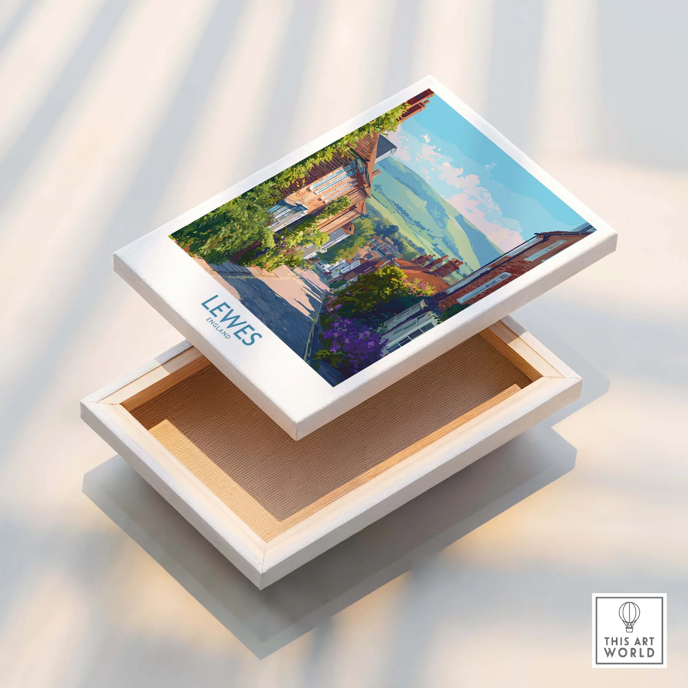 Lewes England travel poster stretched canvas print with floating frame detail, vibrant street view