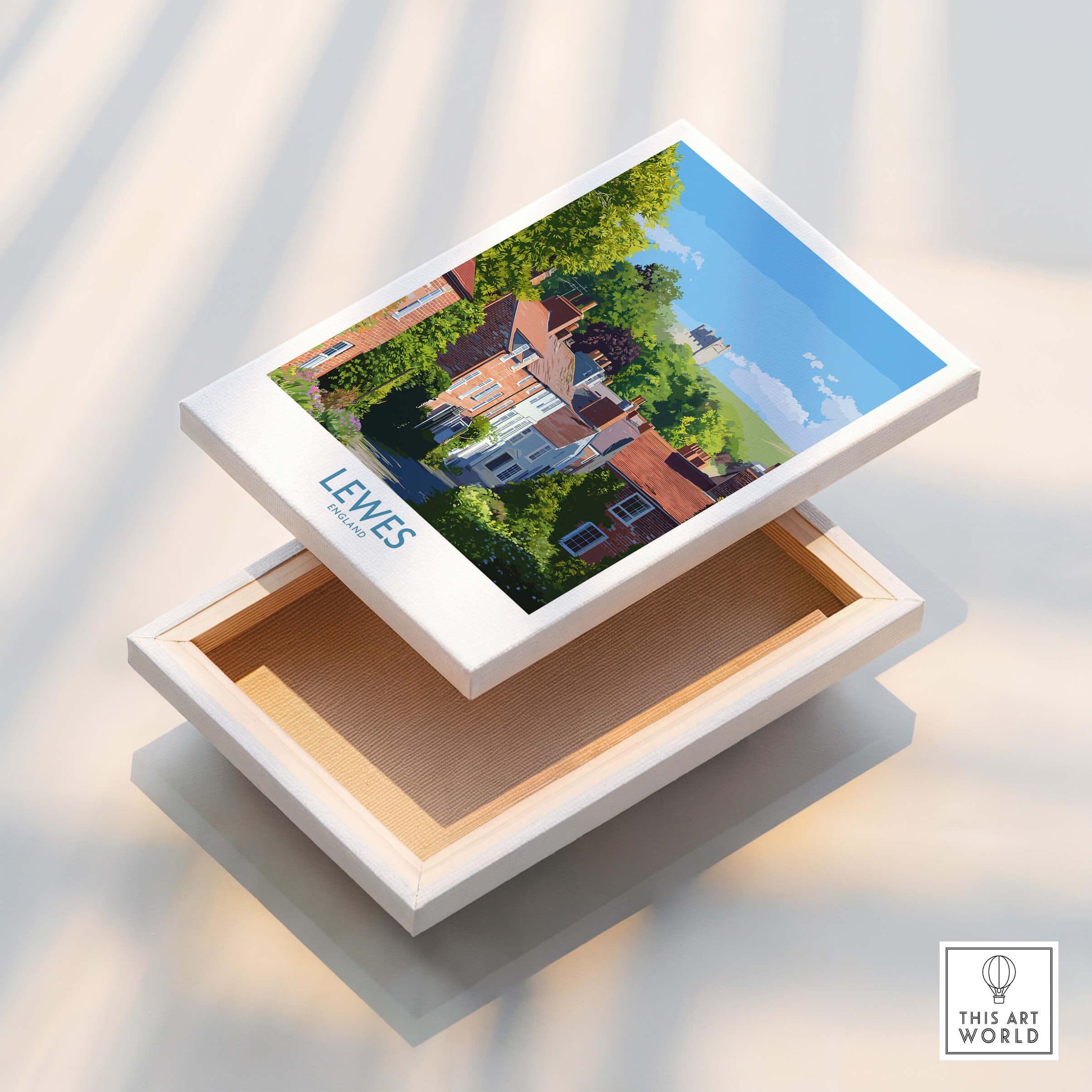 Lewes England stretched canvas print featuring a colorful cityscape with rooftops and greenery