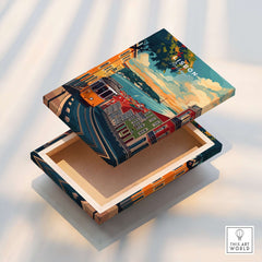 Lisbon Travel Print featuring a vibrant design of Lisbon's streets and tram on a decorative box.