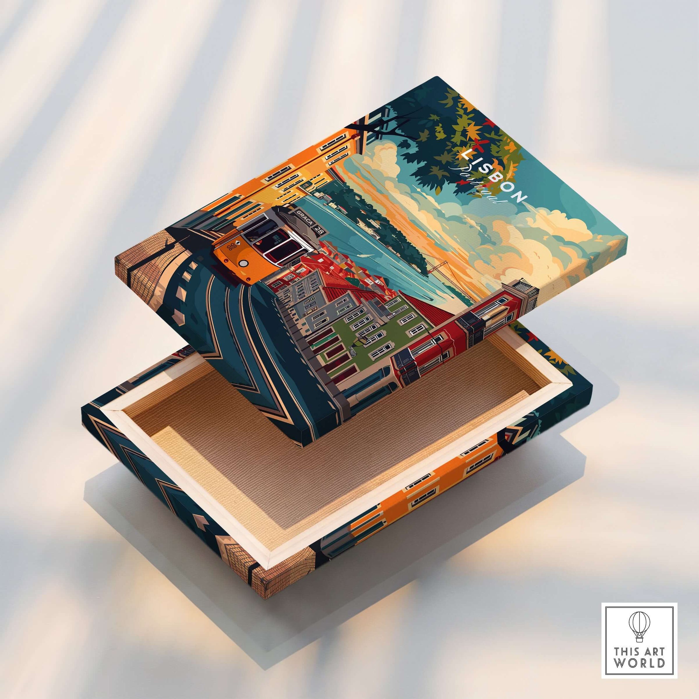Lisbon Travel Print featuring a vibrant design of Lisbon's streets and tram on a decorative box.