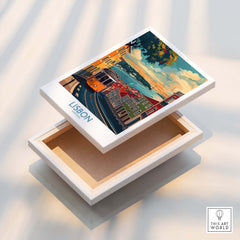 Lisbon Print - Portugal displayed on a decorative box featuring the iconic yellow tram and vibrant Lisbon scenery.