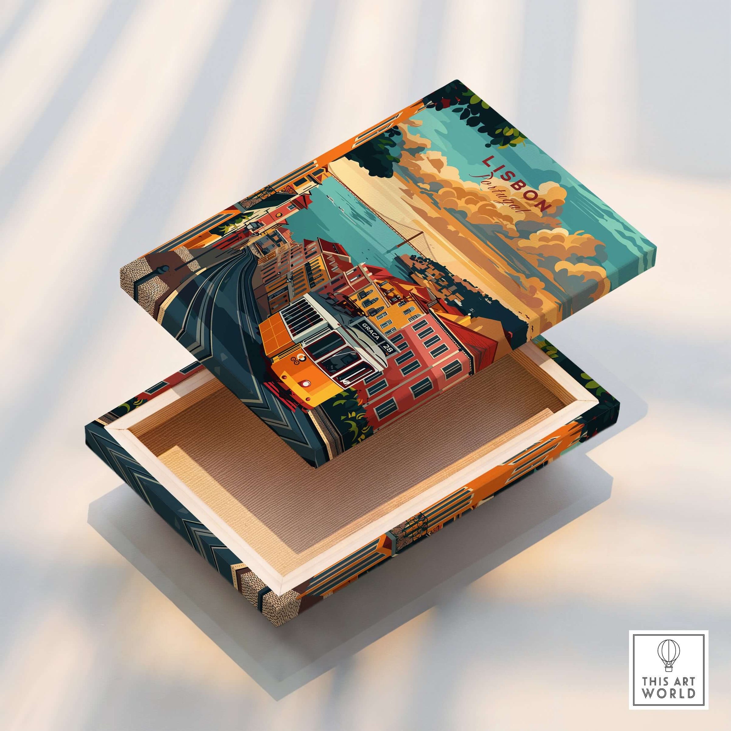 Lisbon Travel Poster design on a colorful decorative box showcasing the iconic Tram 28 and Lisbon skyline.
