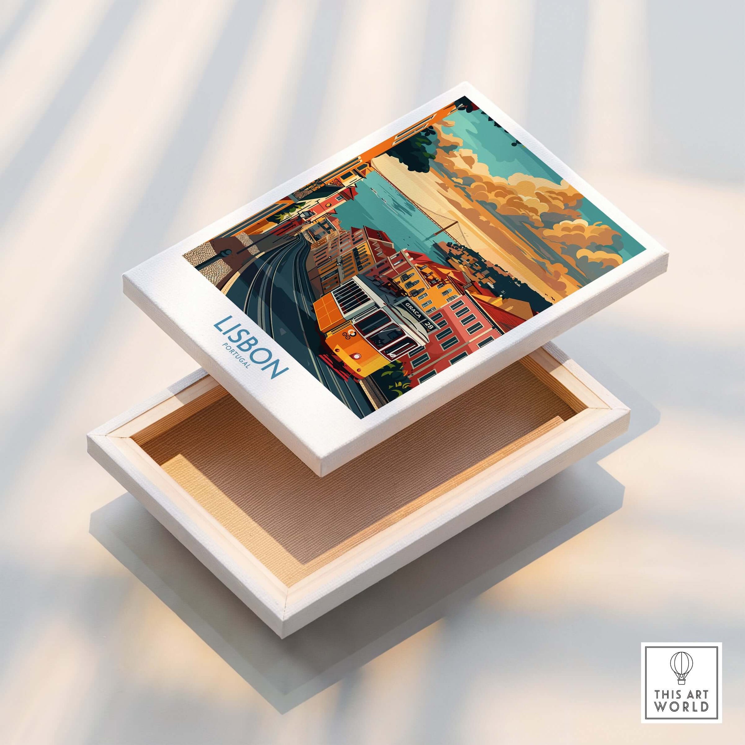 Lisbon Poster - Portugal displayed on an open box, showcasing Lisbon's iconic Tram 28 against a vibrant sunset.