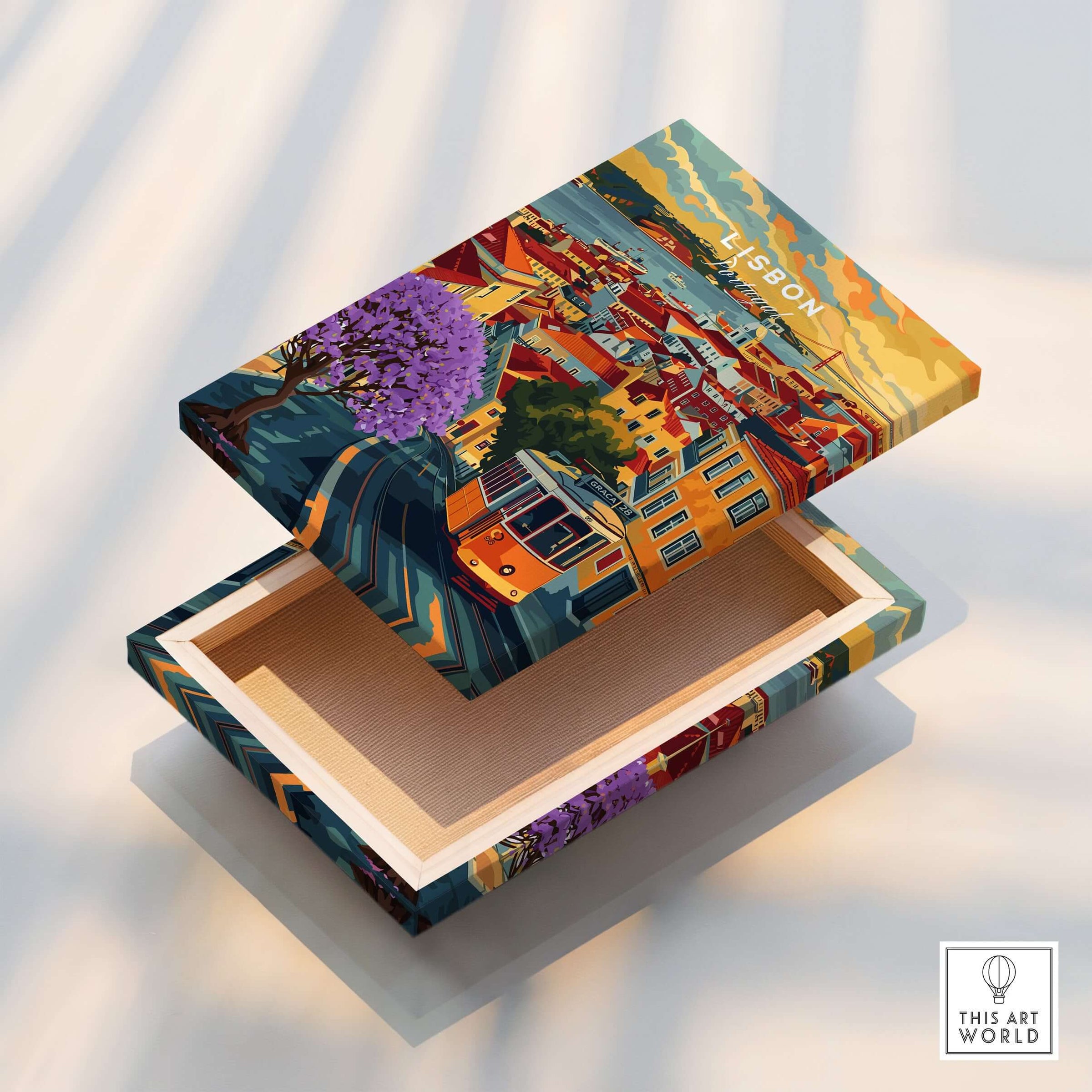 Lisbon Wall Art Poster showcasing vibrant tram and Jacaranda trees, perfect for decorating your space.