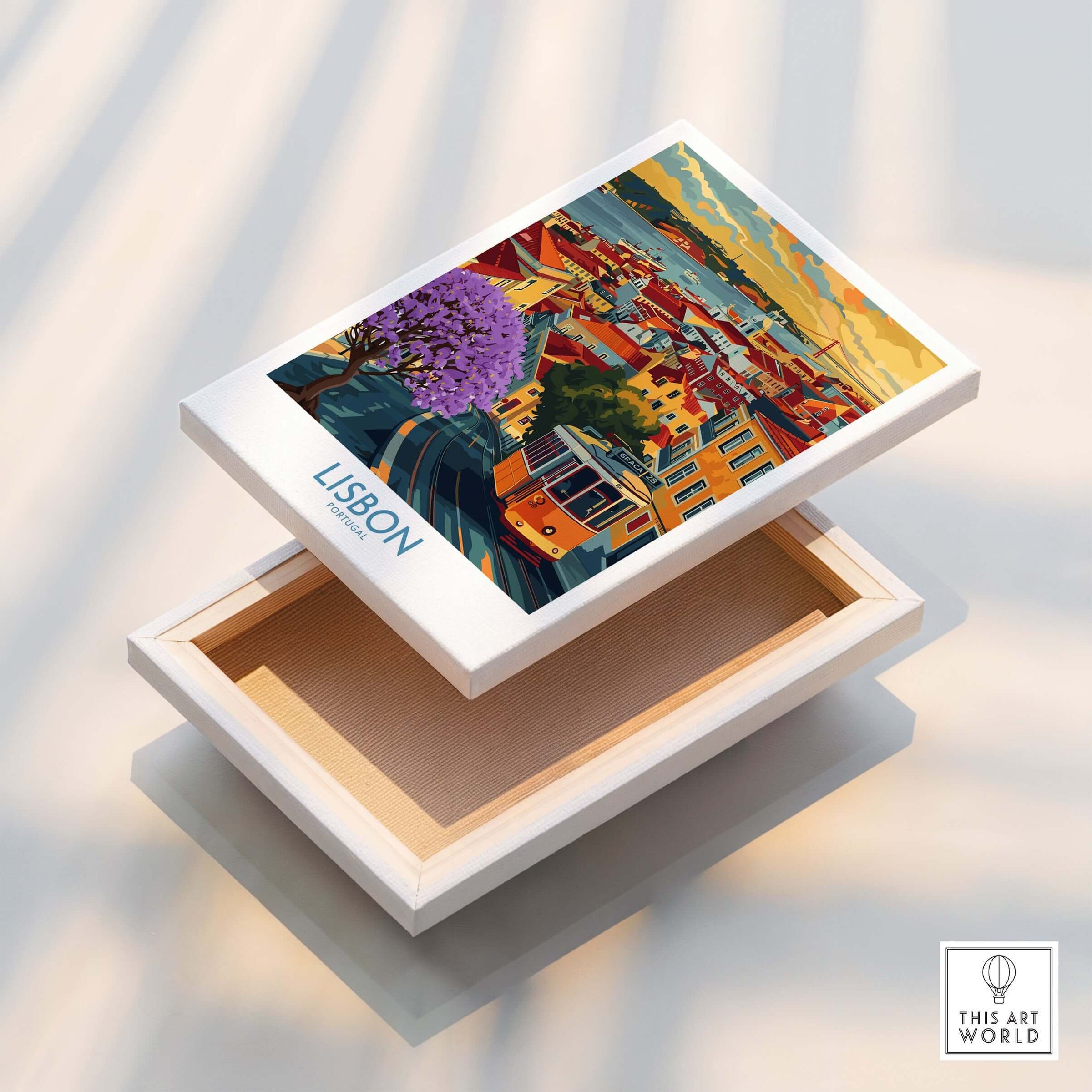 Lisbon Art Print displayed on an open box, showcasing vibrant colors and Lisbon's iconic scenery with tram and Jacaranda trees.