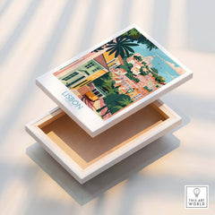 Lisbon Art Travel Print on a decorative box showcasing vibrant pastel colors and the charming scenery of Lisbon.