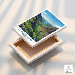 Llanberis Pass stretched canvas wall art print with mountain landscape illustration.