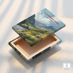 Llanberis Pass landscape art print with open wooden box, travel wall decor