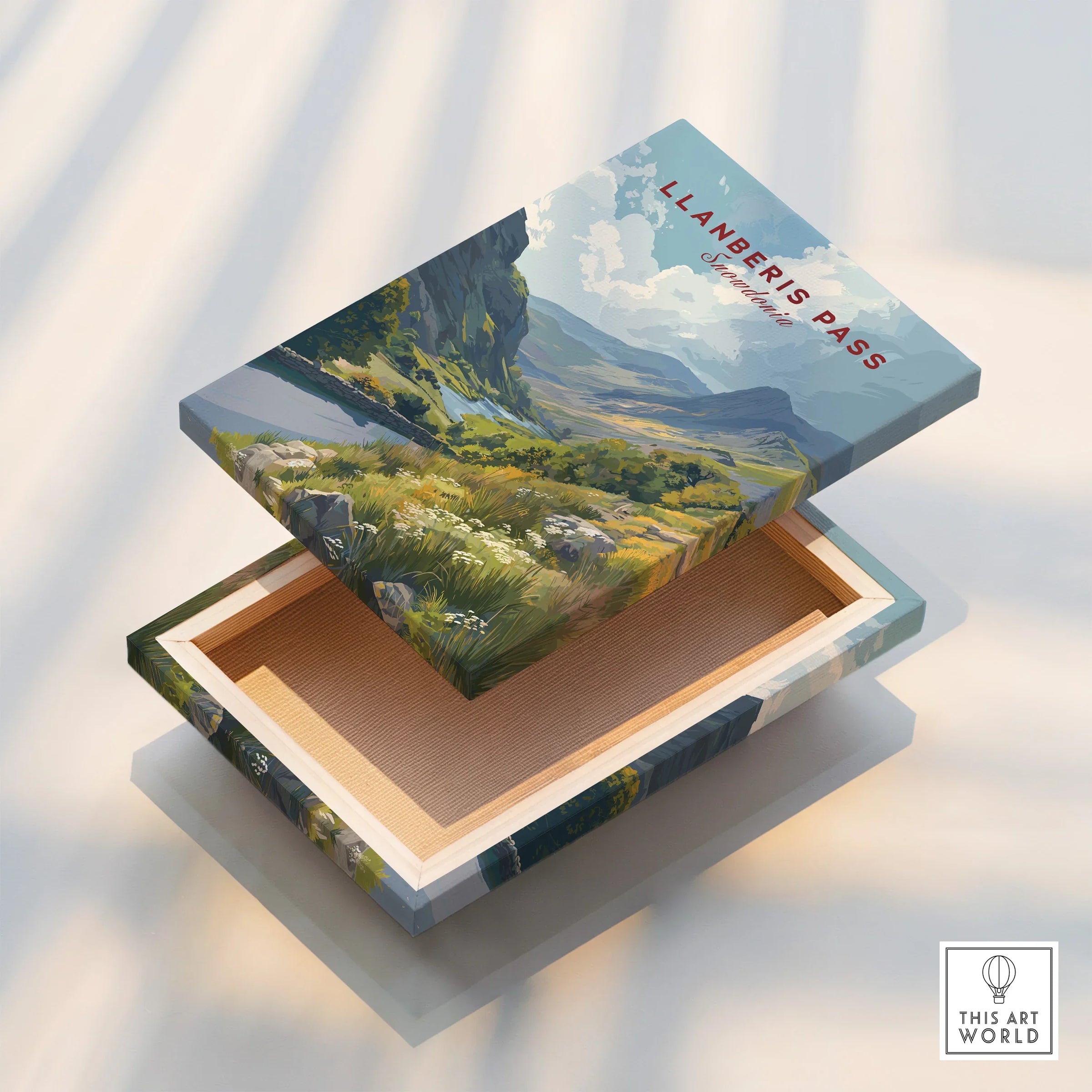 Llanberis Pass landscape art print with open wooden box, travel wall decor