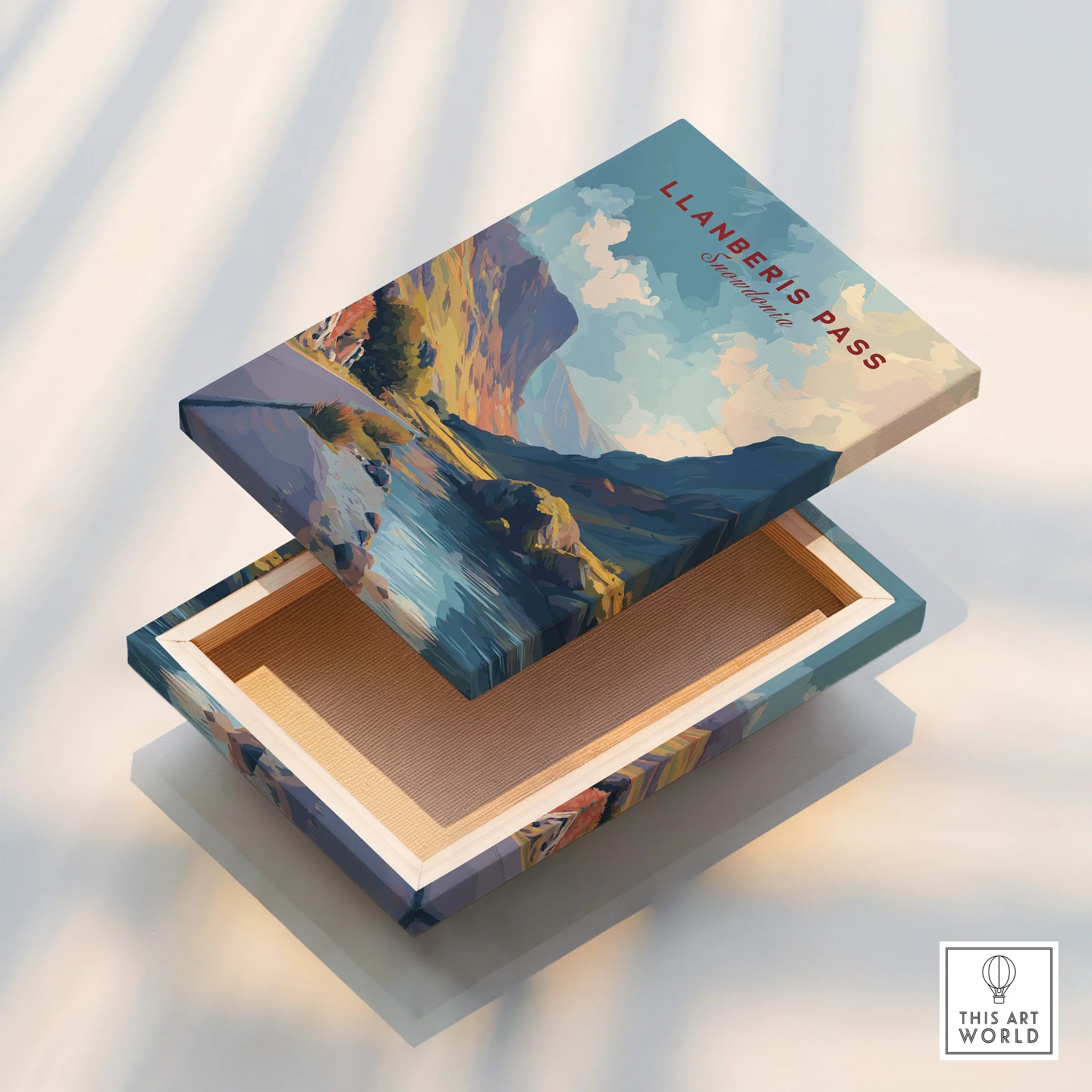 Llanberis Pass scenic art print on open decorative box with landscape illustration