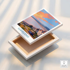 Llandudno Wales travel poster canvas print with vibrant coastal scene and tramway details.