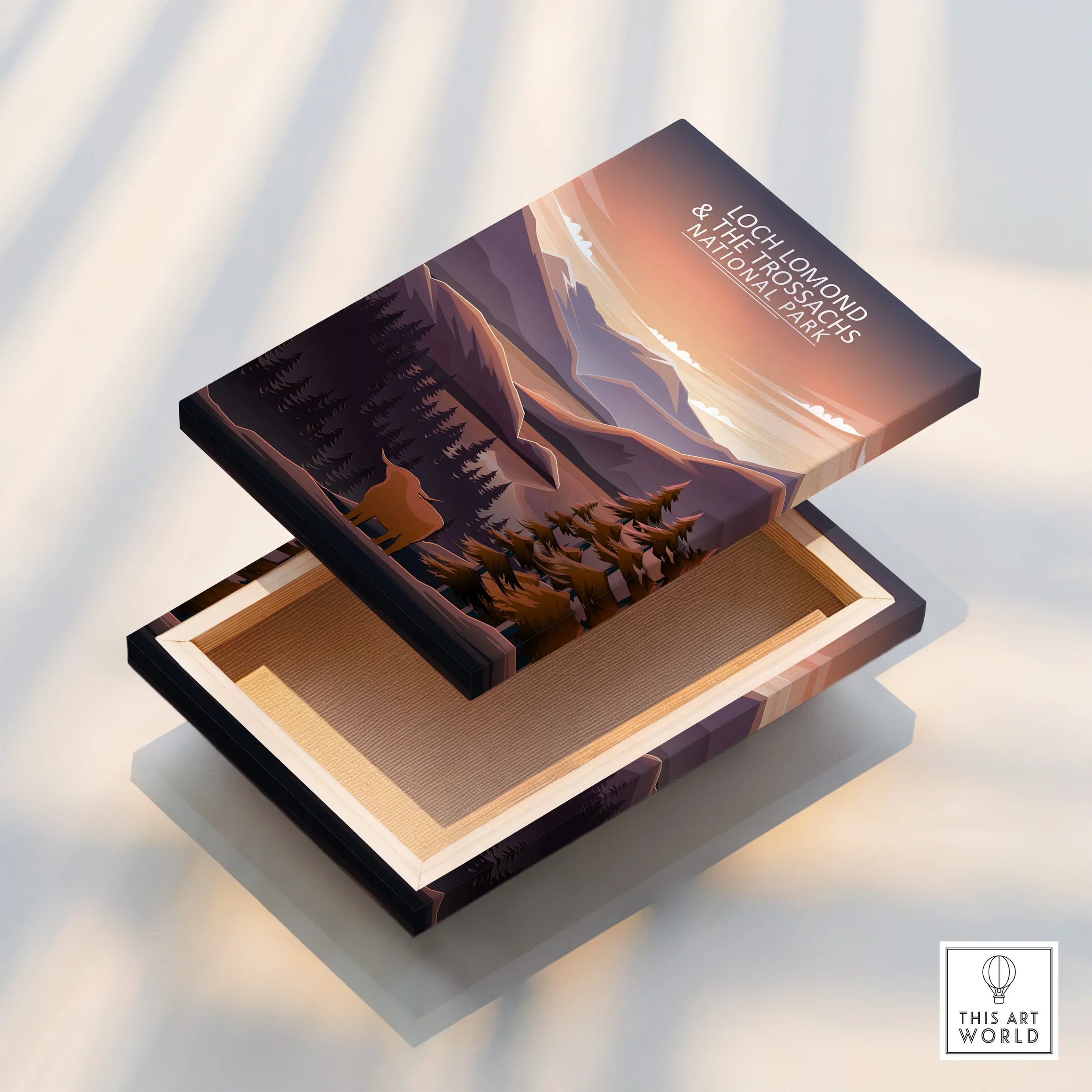 Loch Lomond landscape wall art print on floating canvas with mountain and forest scene.