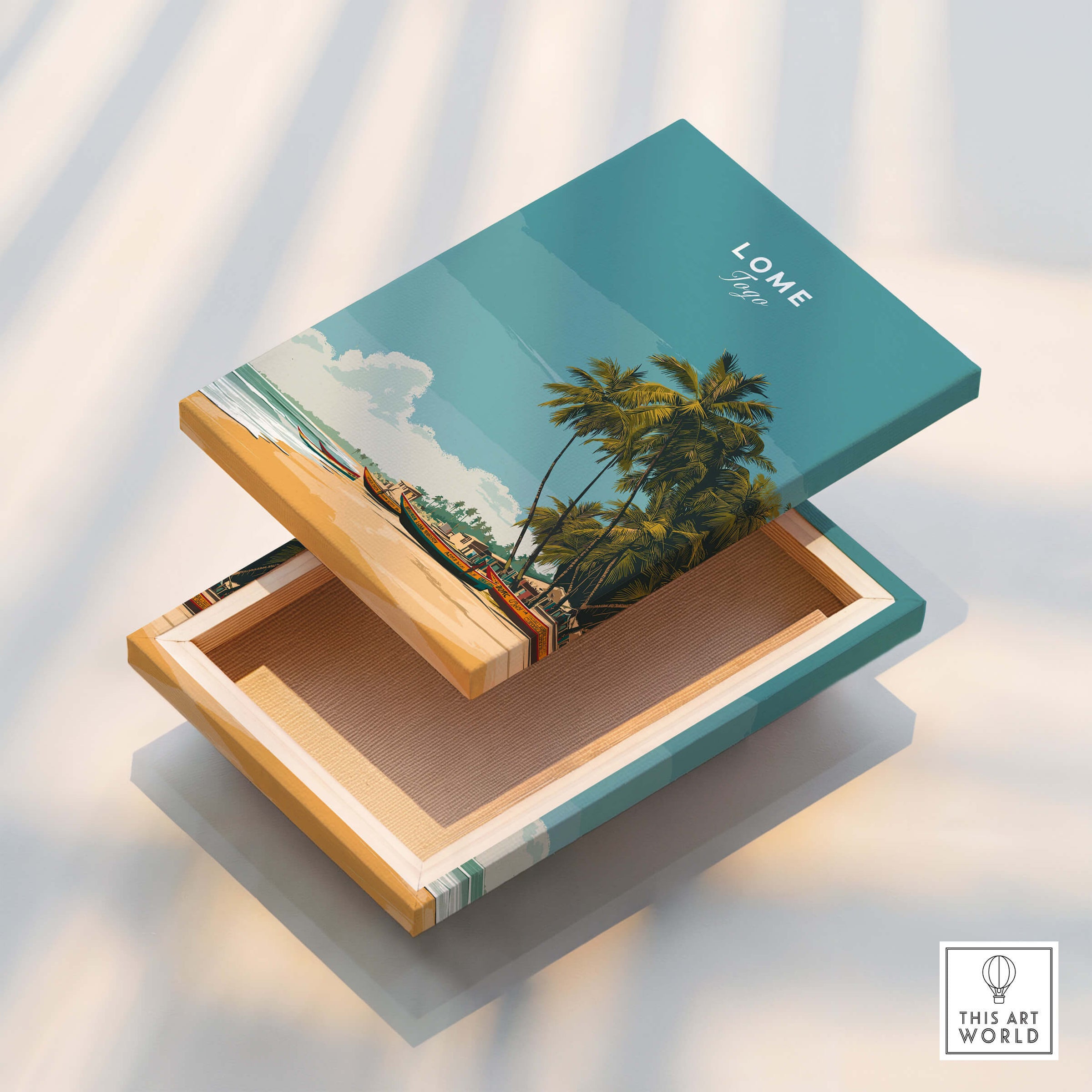 Lomé Togo Travel Posters | West African Beach & Palms Wall Art Print on wooden box with palm trees and beach design.