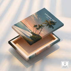 Lovers Key Travel Poster | Florida Sunset Palm Trees Wall Art Print displayed on a decorative box with an open lid.