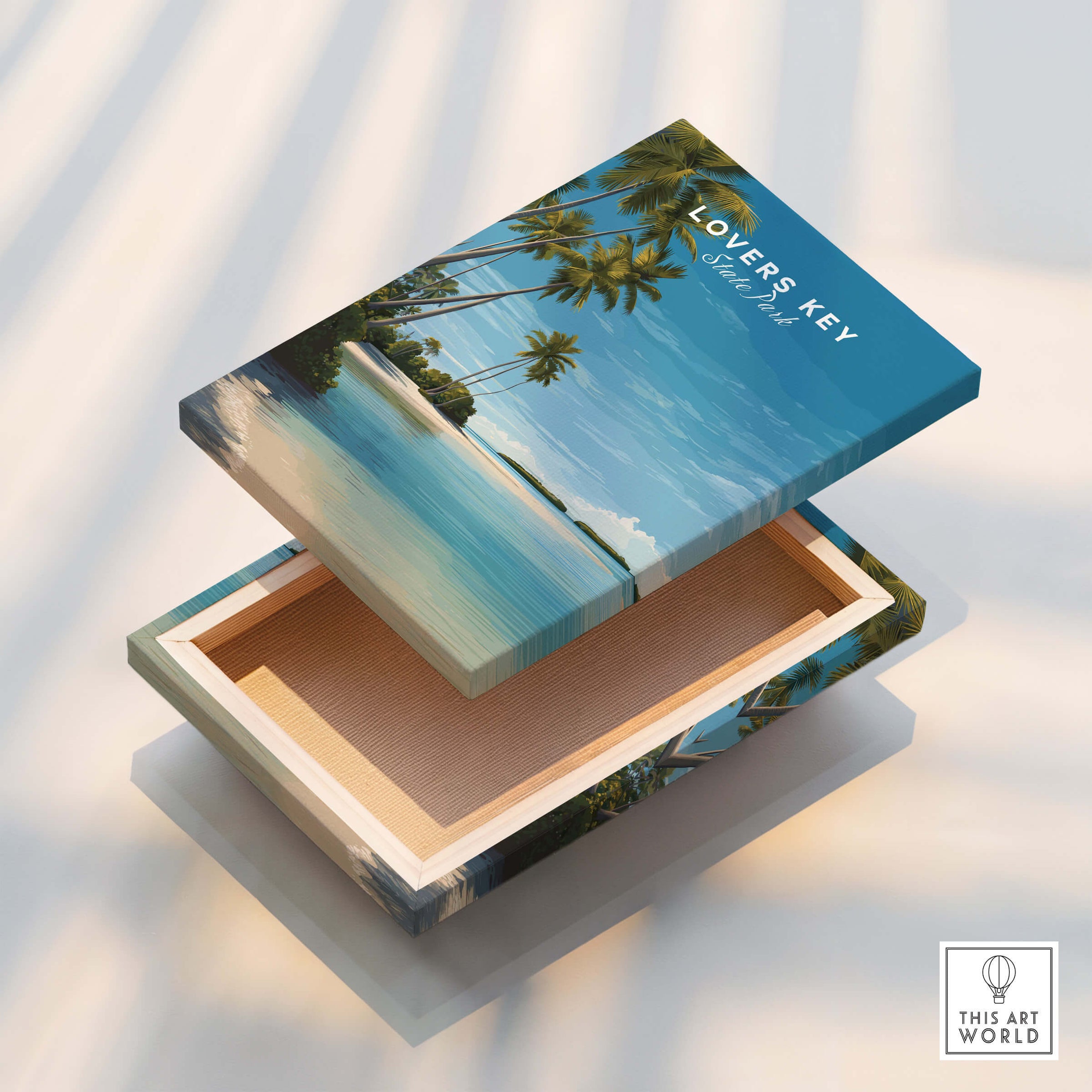 Lovers Key Wall Art Print | Paradise Island Scenery Florida Travel Poster on a box with tropical palm trees and beach view.
