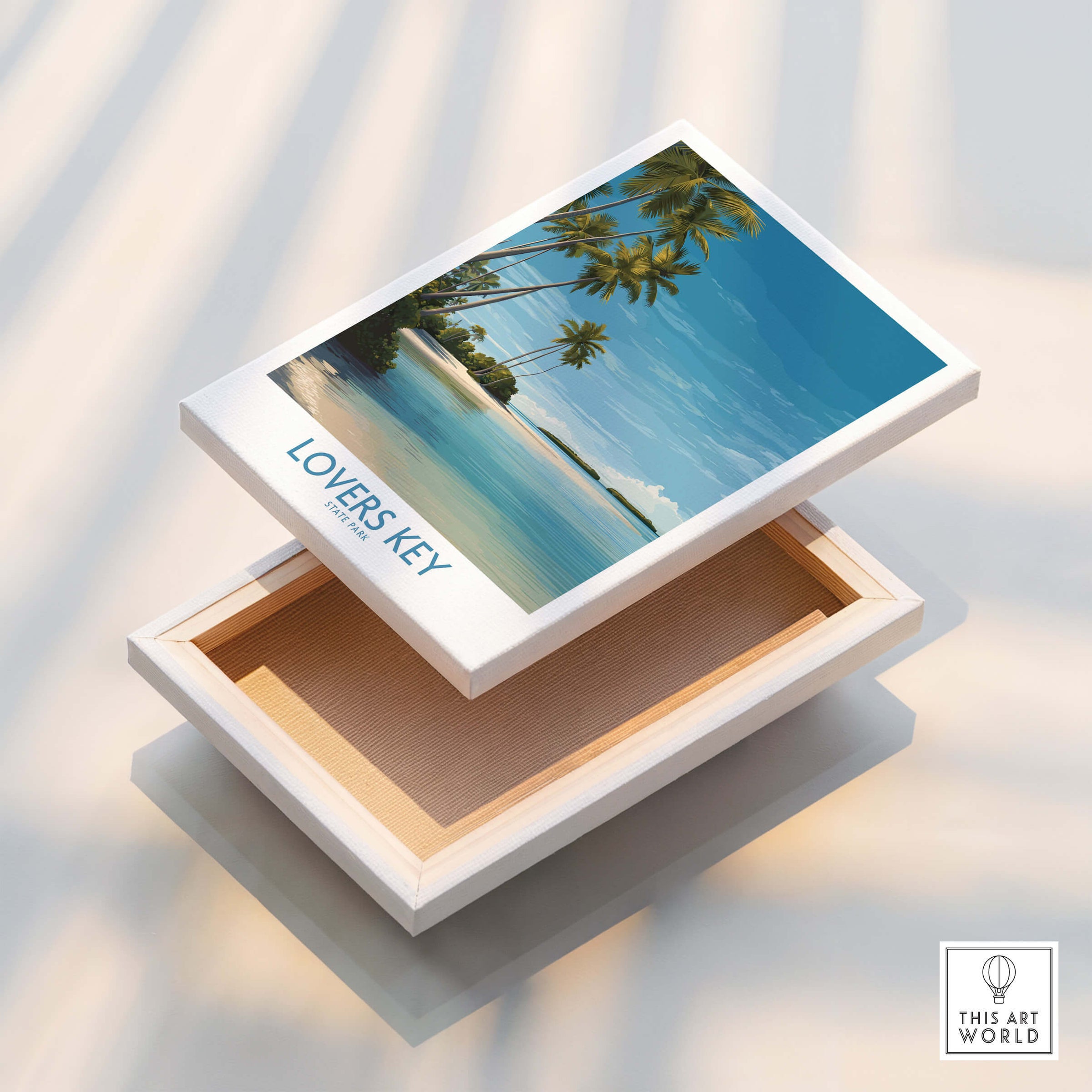 Lovers Key Poster | Florida Canvas Print featuring a serene beach scene with palm trees.