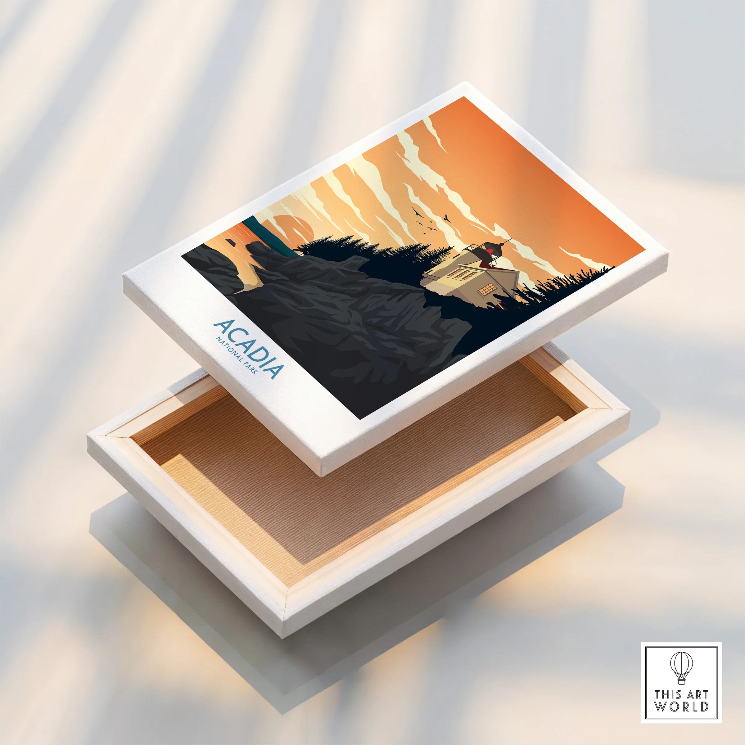 Acadia National Park stretched canvas print with sunset lighthouse landscape wall art.