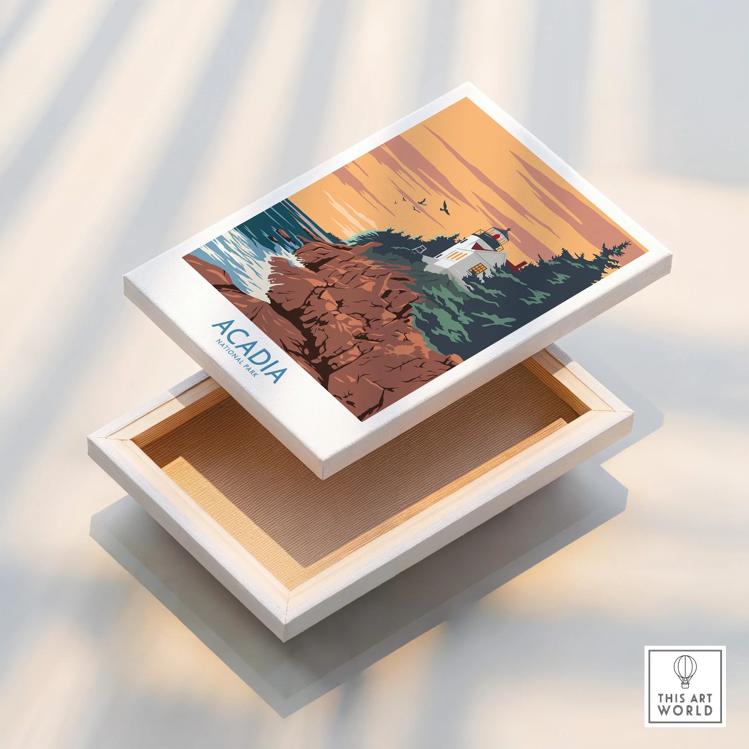 Acadia National Park wall art print showing a lighthouse on rocky cliffs at sunset