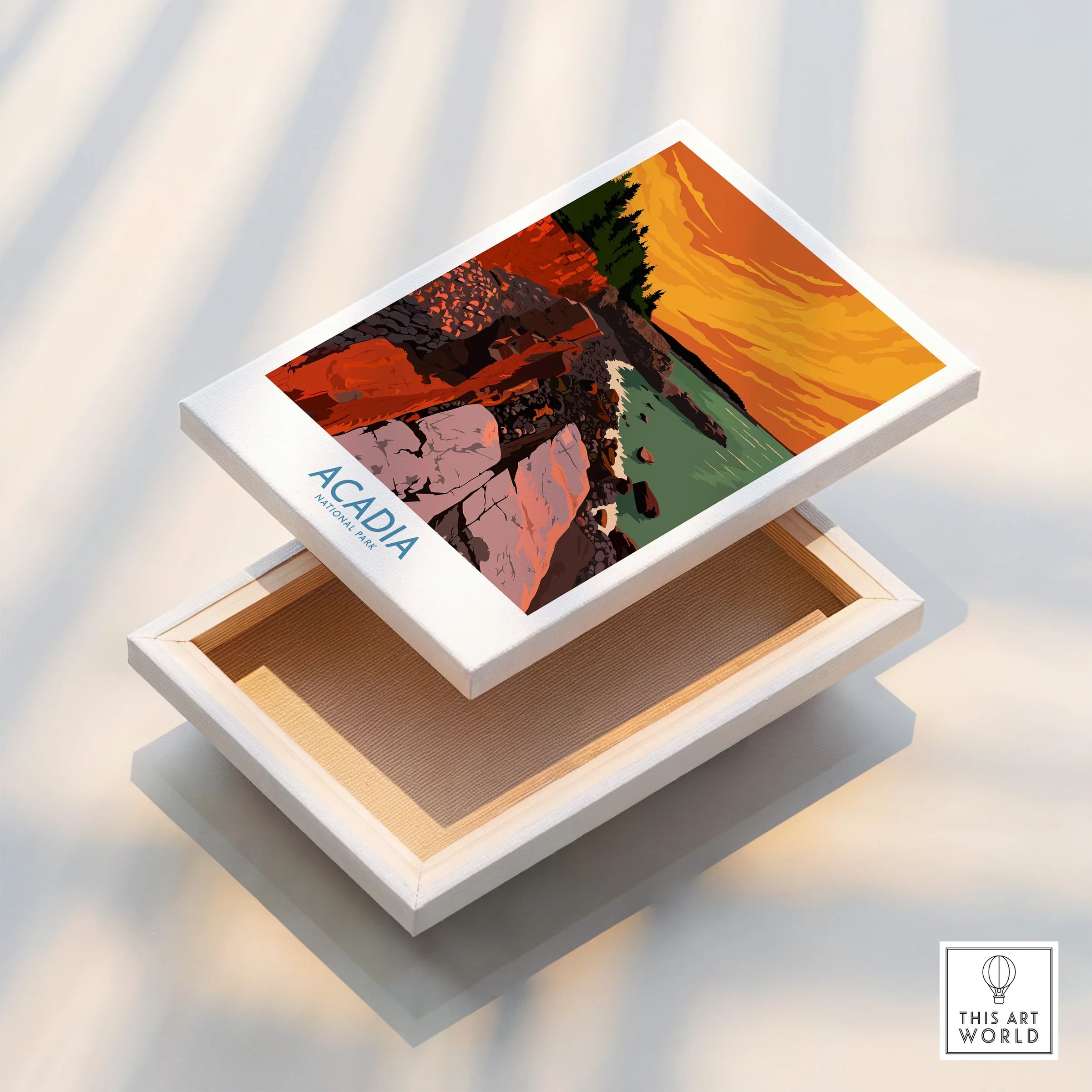 Acadia National Park sunset wall art on stretched canvas with floating frame detail.