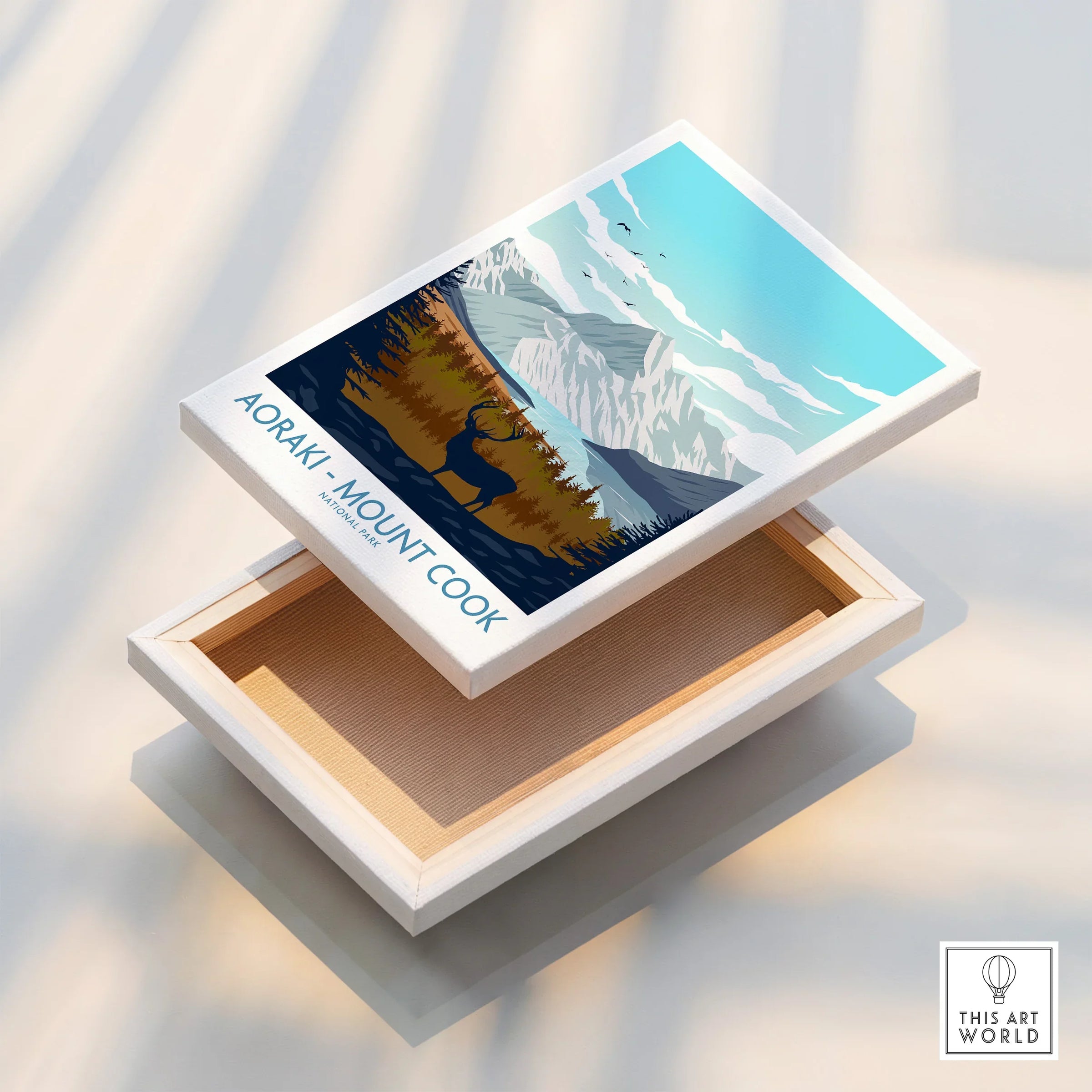 Aoraki Mount Cook National Park art print on stretched canvas, floating frame detail.