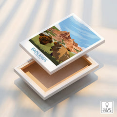 Badlands National Park canvas wall art print featuring bison and desert landscape.