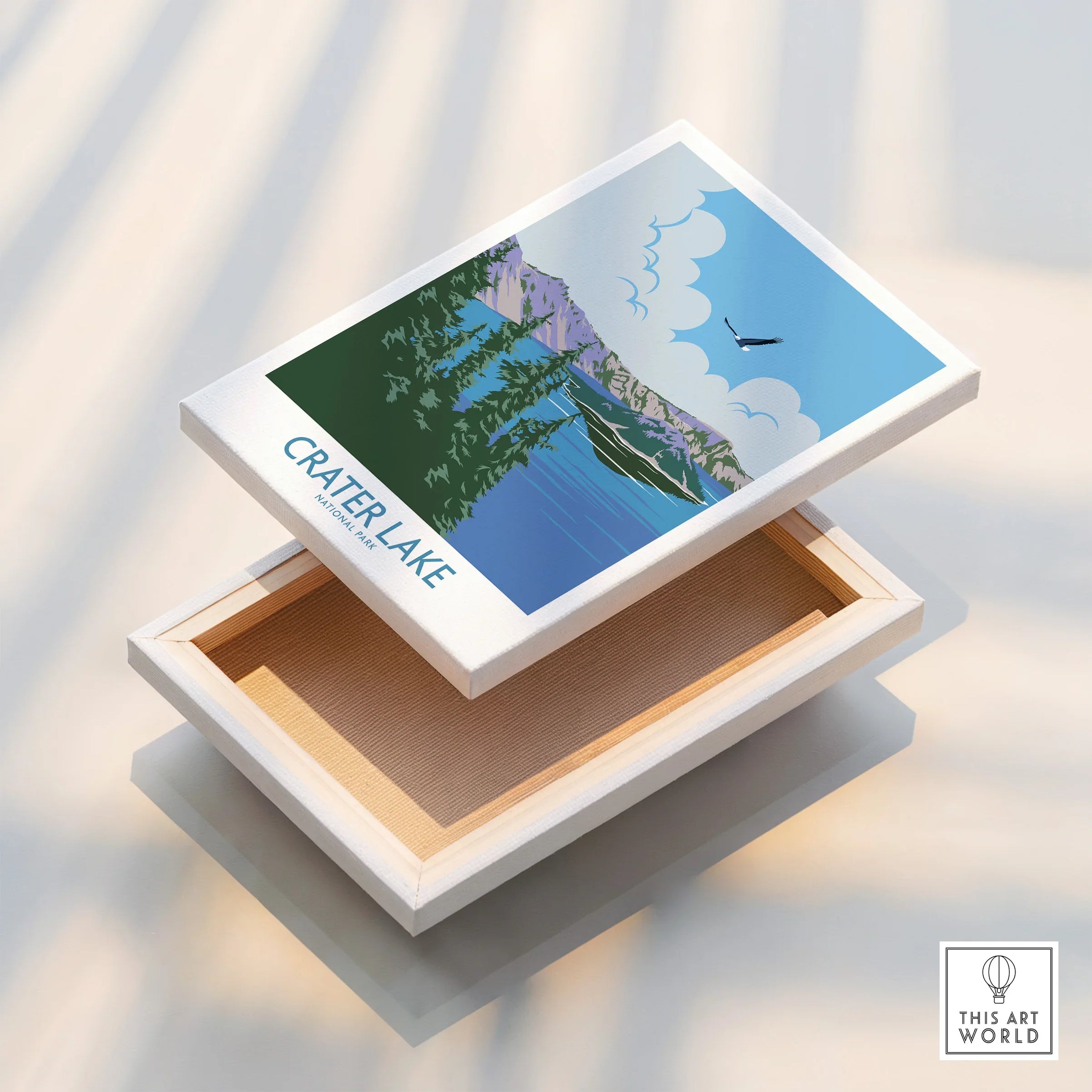 Crater Lake National Park art print on stretched canvas with a floating frame, modern wall decor.