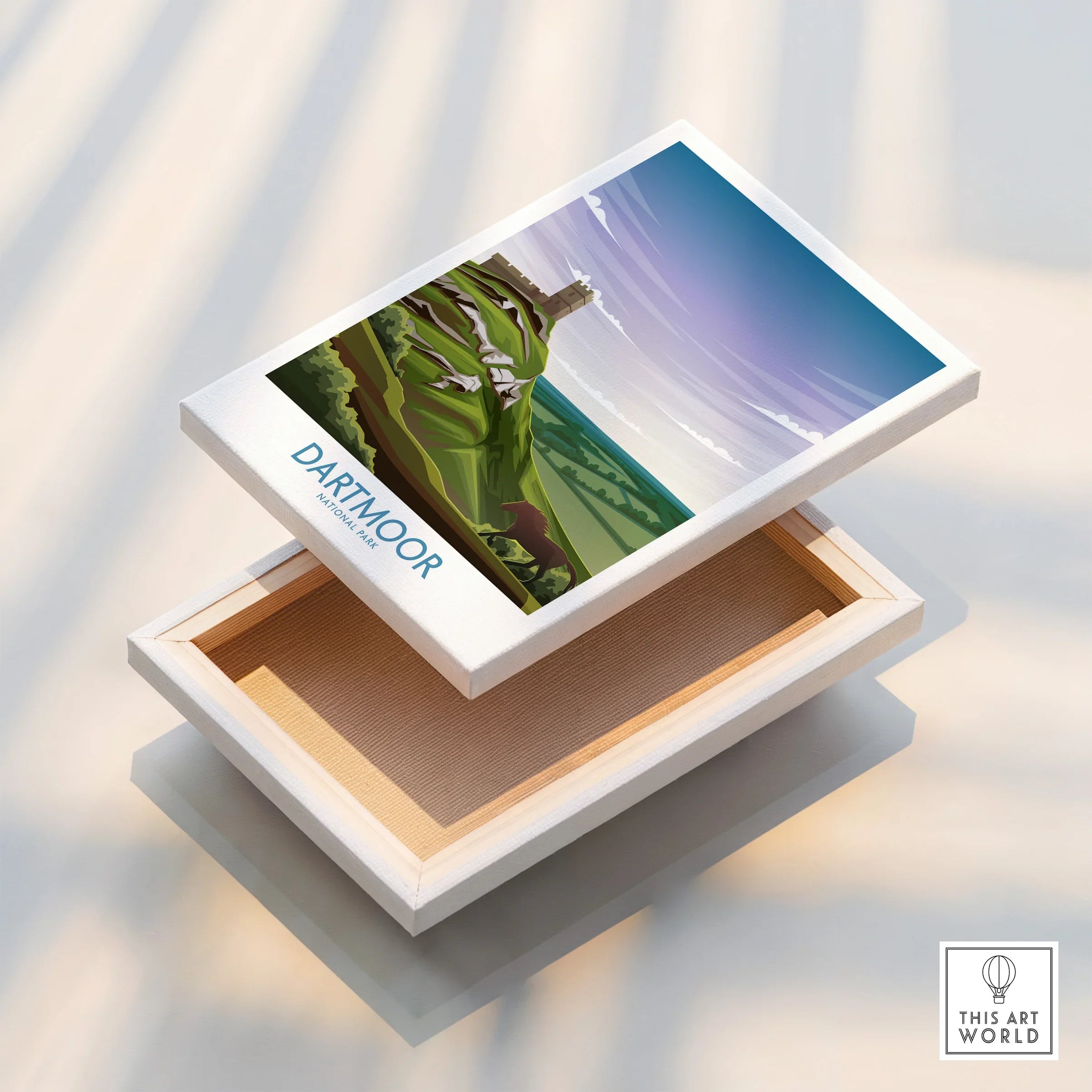 Dartmoor National Park travel poster print on stretched canvas with floating frame detail