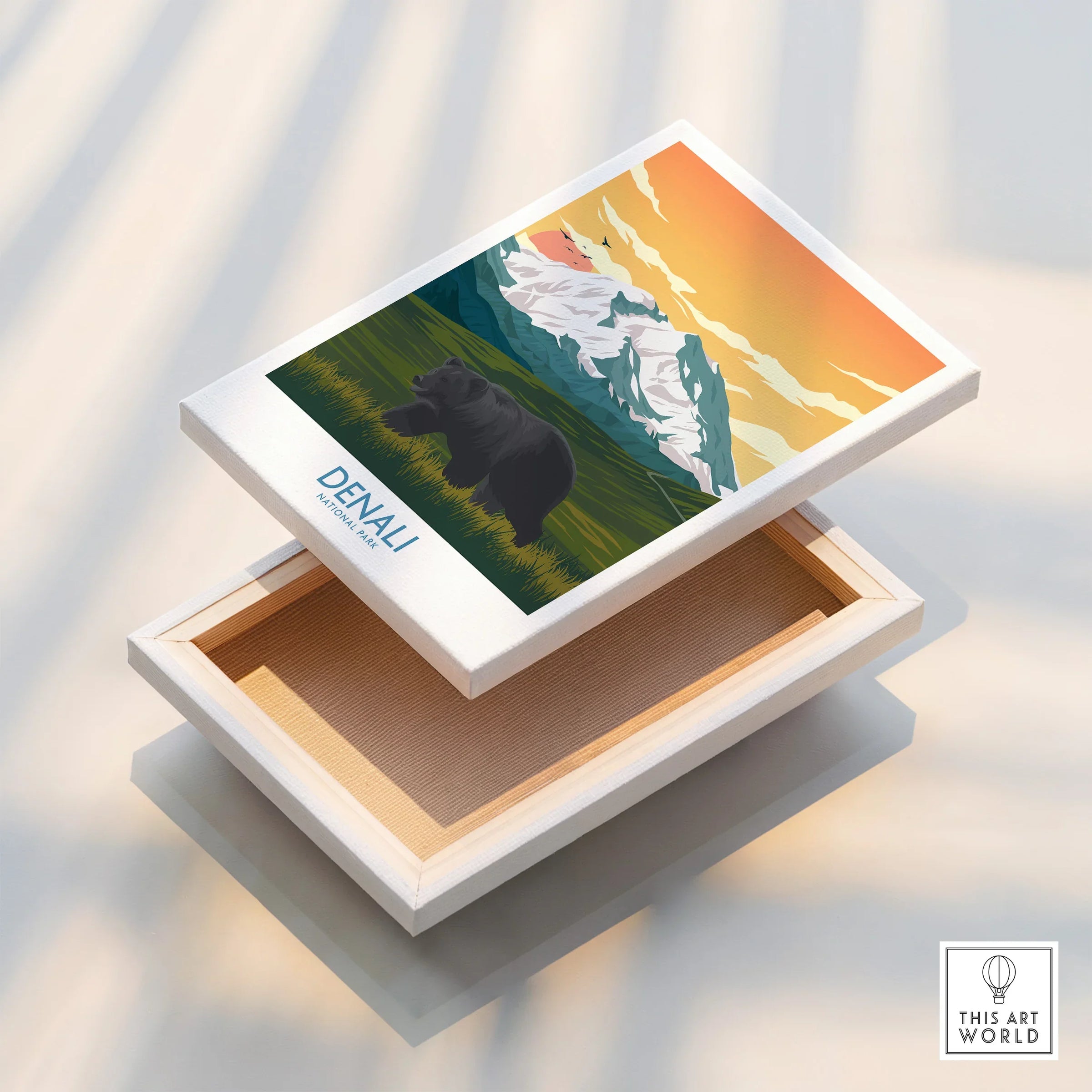 Denali National Park art print on stretched canvas with bear and mountain scene