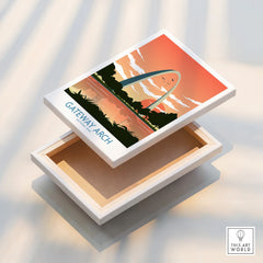 Gateway Arch National Park canvas wall art print with sunset sky and trees, floating frame detail