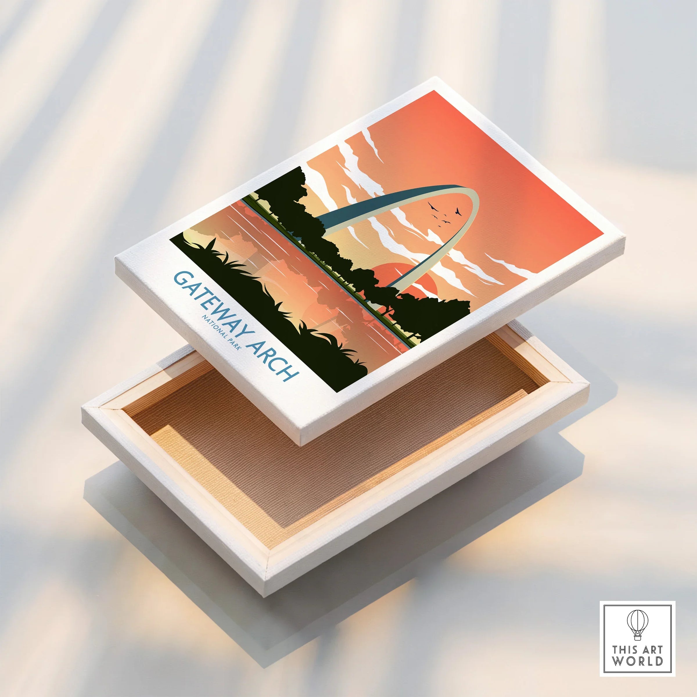 Gateway Arch National Park canvas wall art print with sunset sky and trees, floating frame detail