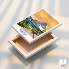 Glacier National Park canvas wall art with scenic mountain and sunset illustration