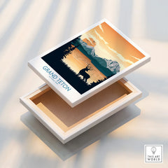 Grand Teton National Park canvas wall art with elk silhouette, mountains, and sunset