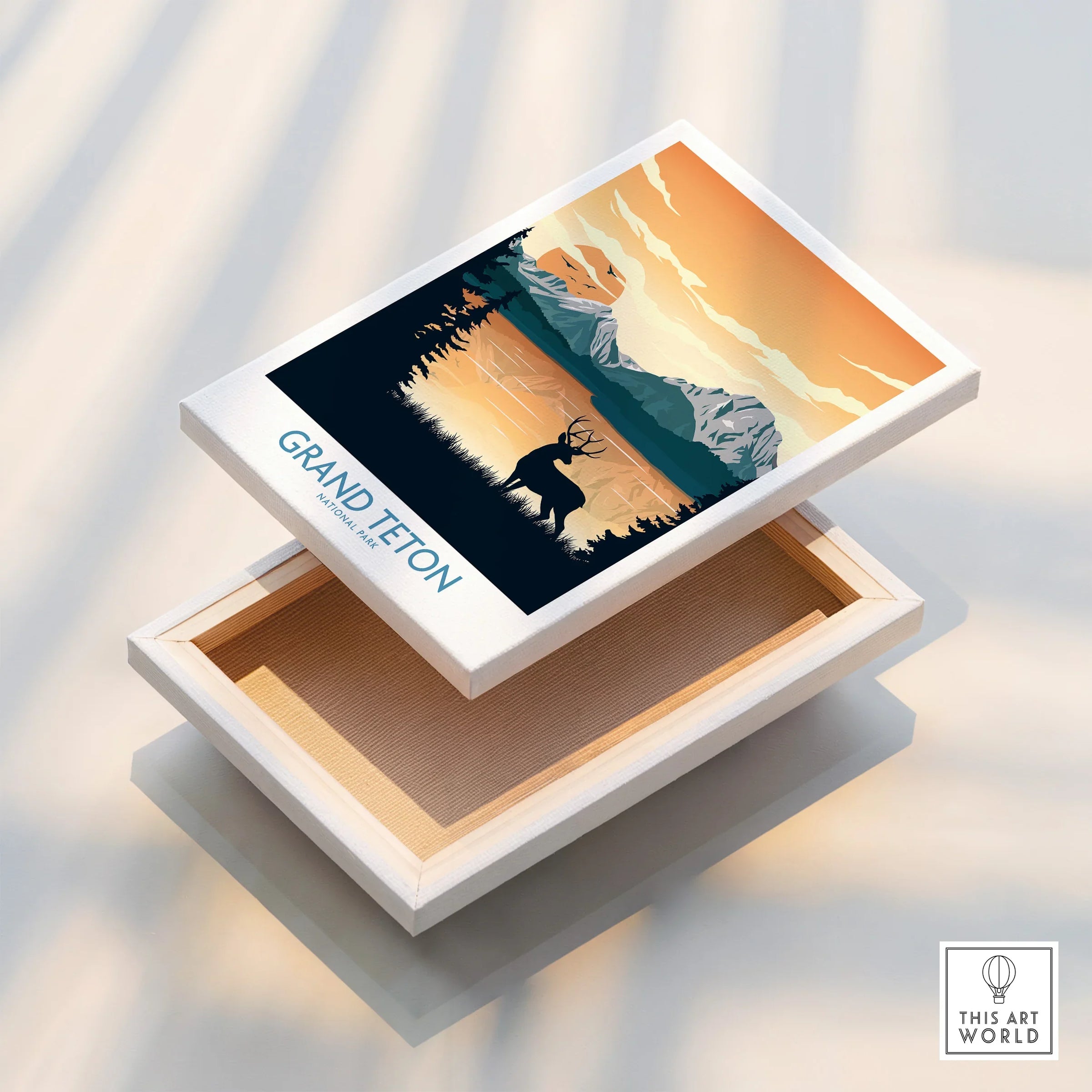 Grand Teton National Park canvas wall art with elk silhouette, mountains, and sunset