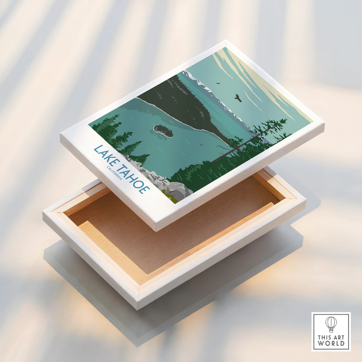 Lake Tahoe canvas wall art print with forest, mountains, and lake scenery on floating frame.