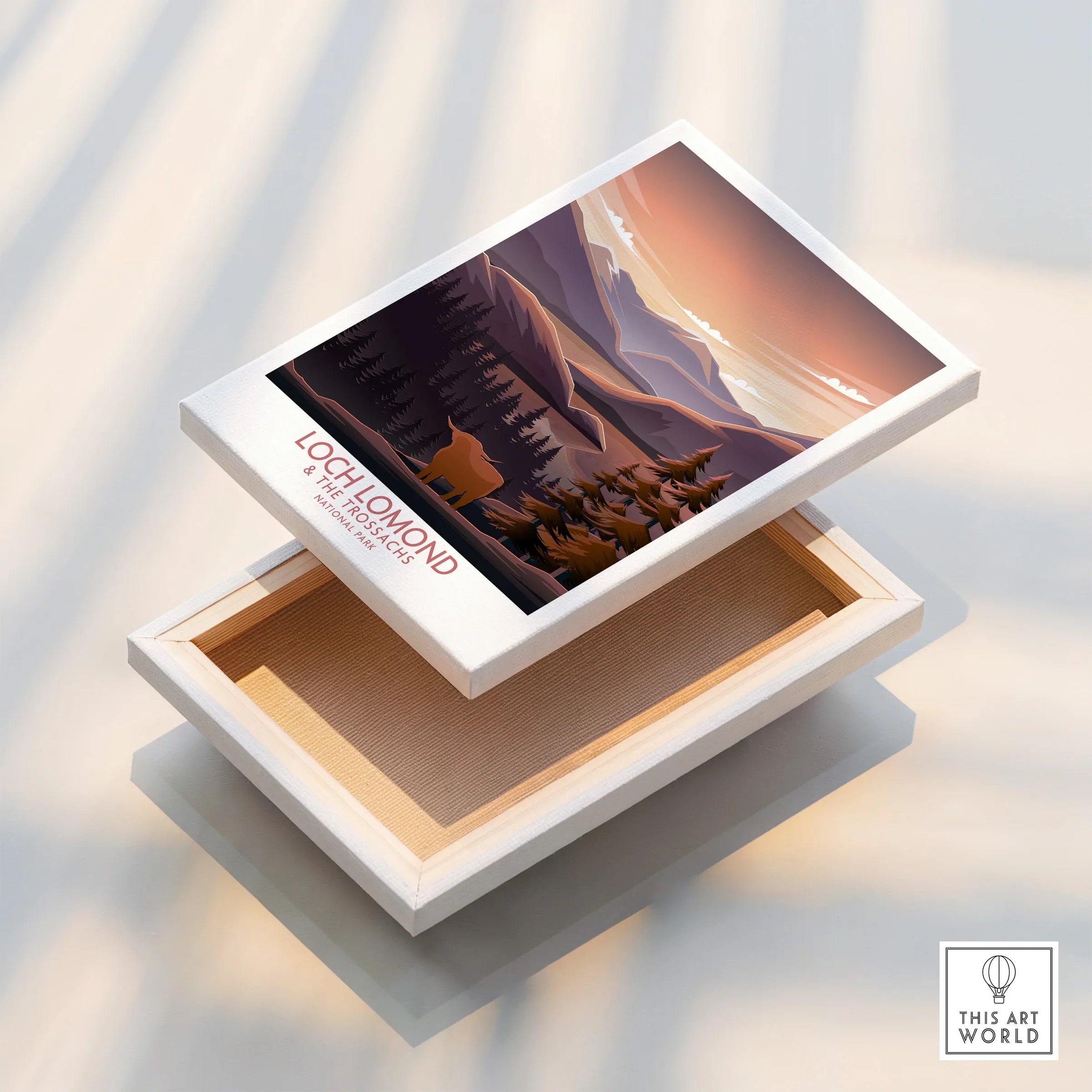 Loch Lomond travel poster stretched canvas print with mountain and forest landscape.