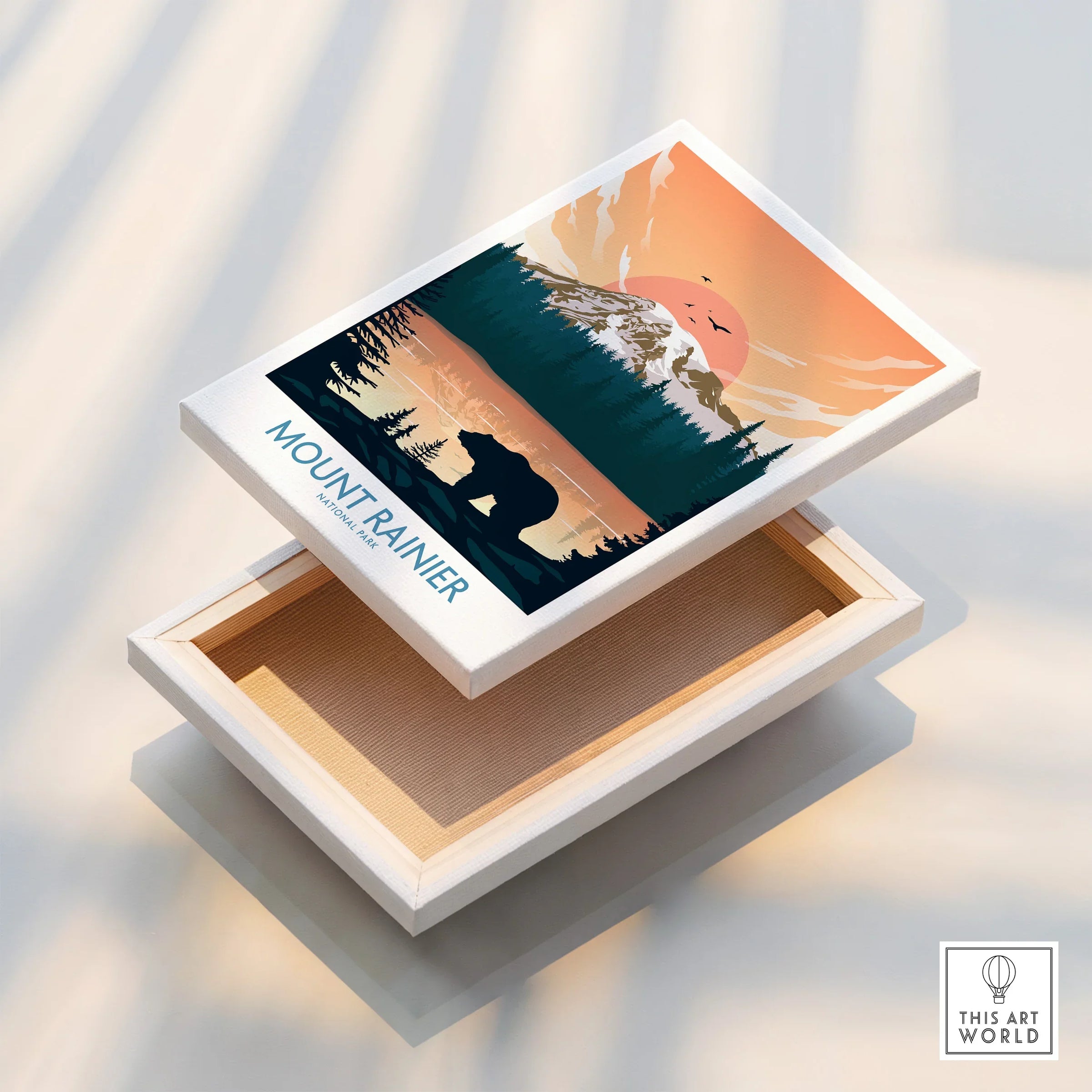 Mount Rainier National Park wall art print featuring bear and sunset in landscape design