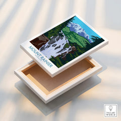 Mount Rainier National Park canvas print with mountain, waterfall, and lush forest artwork.