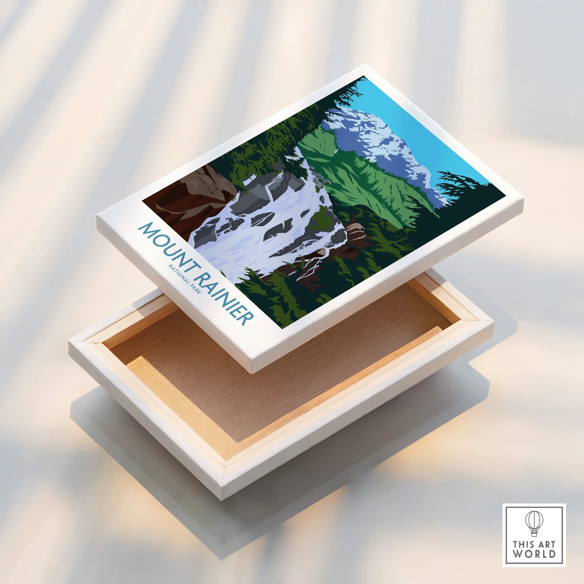 Mount Rainier National Park canvas print with mountain, waterfall, and lush forest artwork.