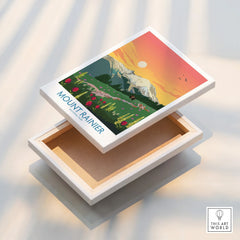 Mount Rainier National Park wall art canvas print with sunset landscape and wildflowers