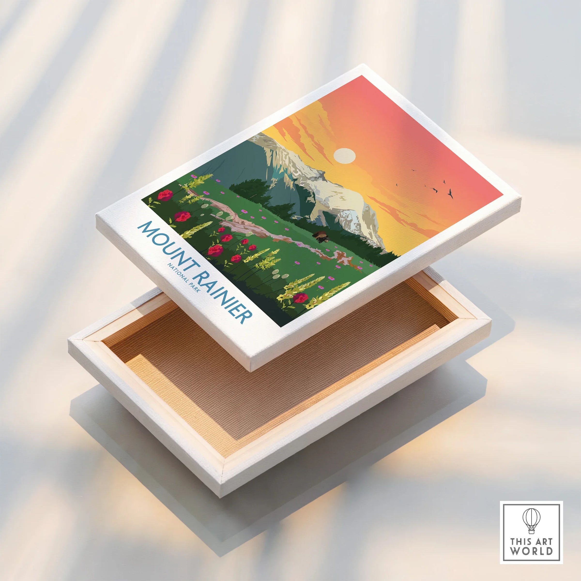 Mount Rainier National Park wall art canvas print with sunset landscape and wildflowers